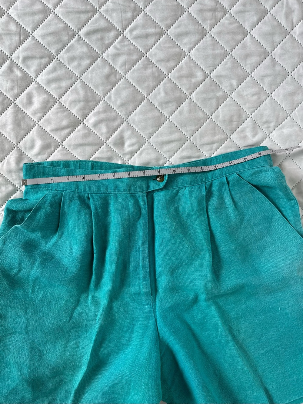 Vintage Jennifer Moore Linen Shorts Teal Green High Waist L Pleated 90s Resort - Picture 10 of 11